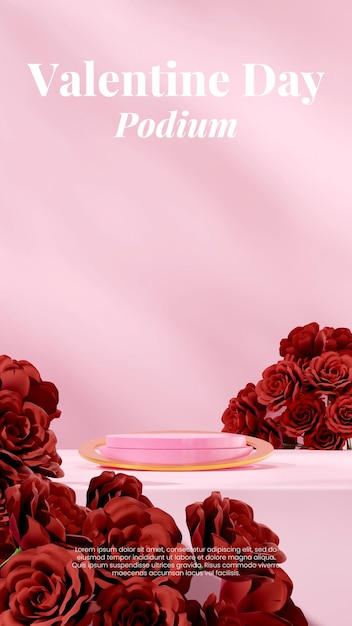 rose flower and gold ring valentine day 3d render blank mockup cylinder pink podium in portrait
