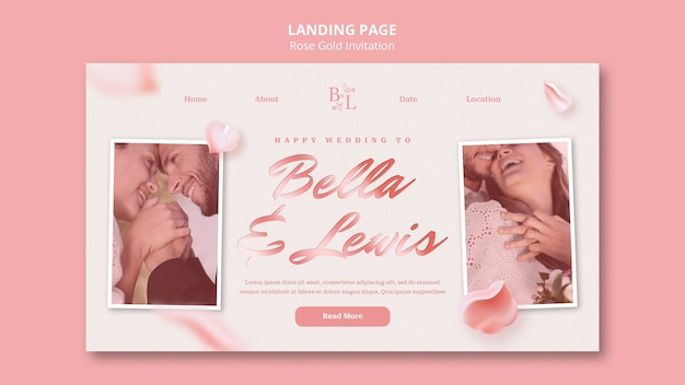 Rose gold landing page and wedding invitation template with petals