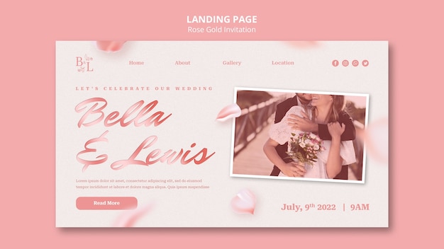 Rose gold landing page and wedding invitation template with petals