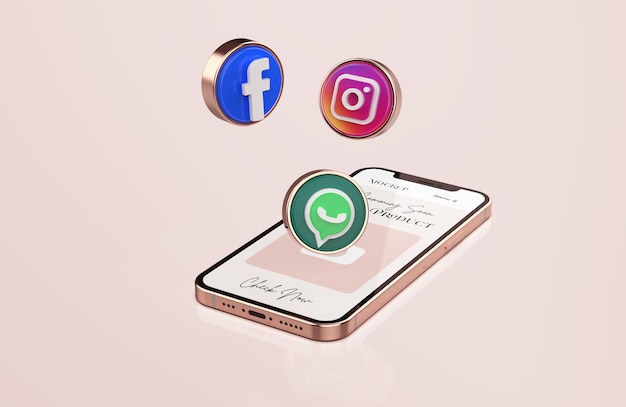 Rose Gold Mobile Phone Mockup with 3d Social Media Icons