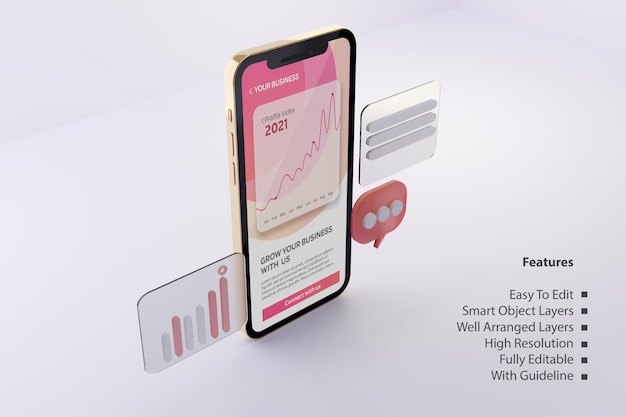 Rose Gold Phone Screen Mockup with Business Grow Mobile App Presentation Template Editable PSD