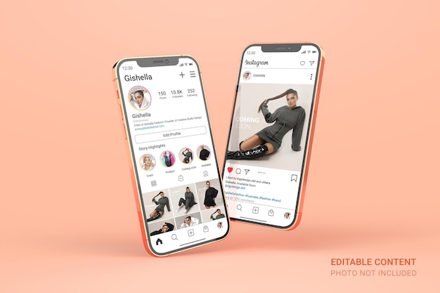 Rose gold smartphone mockup with editable social media instagram post