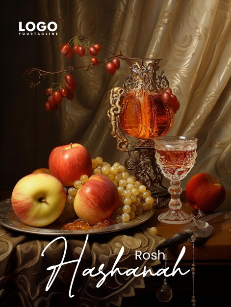 PSD rosh hashanah greeting social media post design with apple background