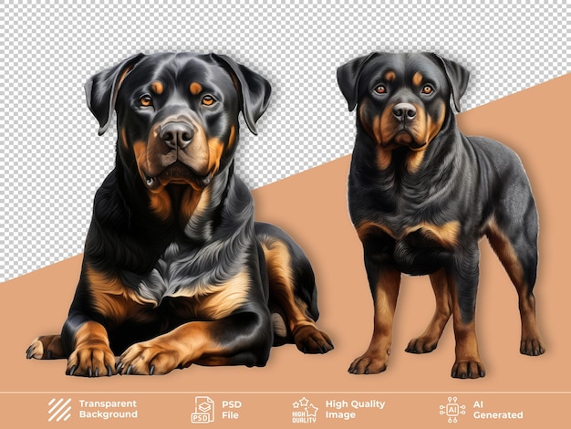 Rottweiler dog sitting and standing isolated on transparent background