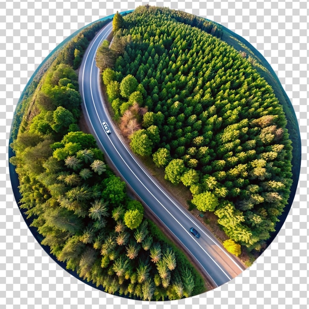 PSD a round aerial shot of a long road surrounded by tree on transparent background