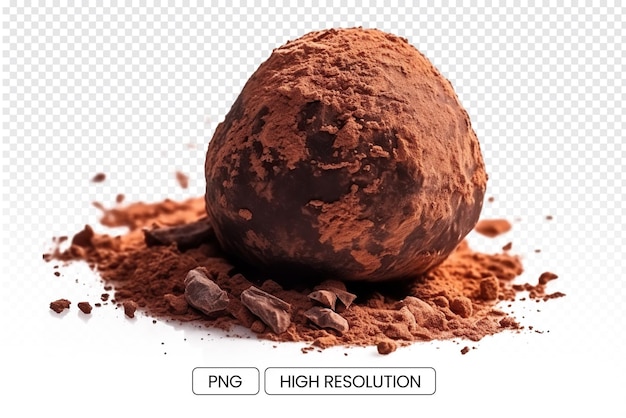 Round chocolate truffles and chocolate flakes on a transparent background