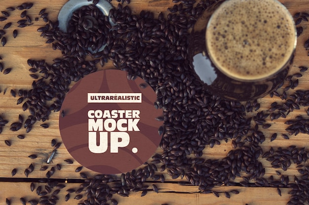 Round Coaster & Cup Black Malt Mockup