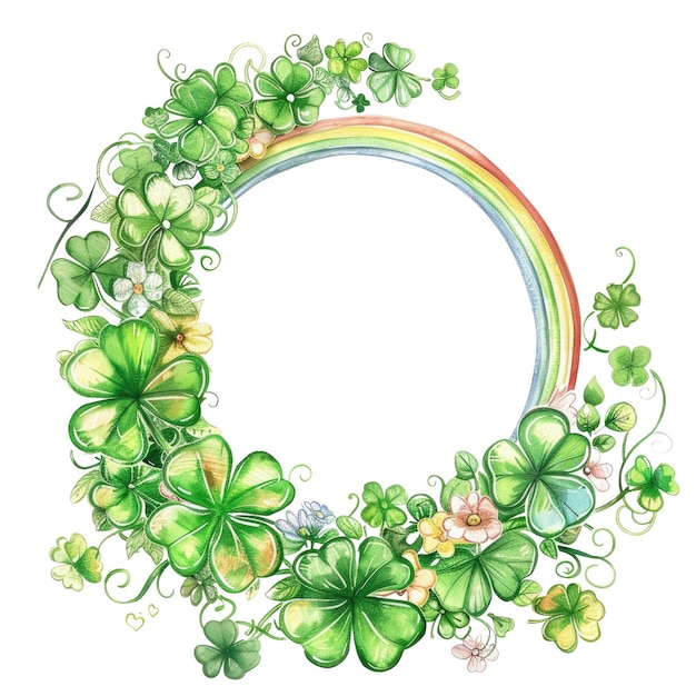 PSD round frame decorated with green clover leaves and rainbow pastel color aig56