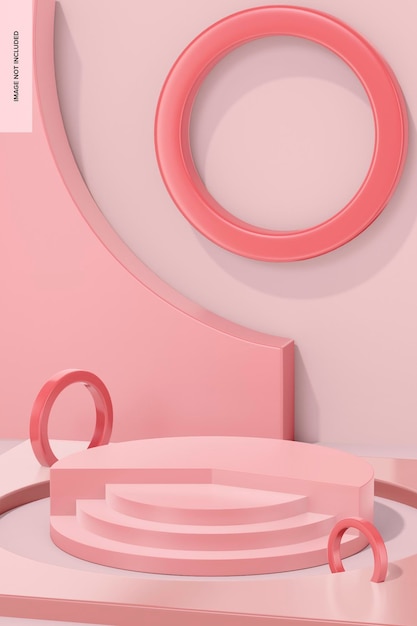 Round Glossy Pink Podium with Stairs and Backdrop Mockup