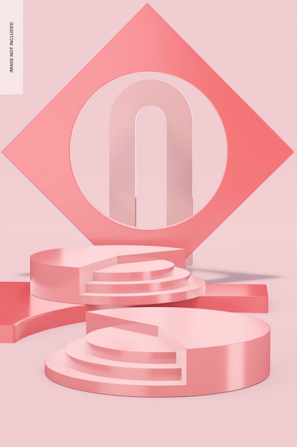 Round Glossy Pink Podium with Stairs Mockup