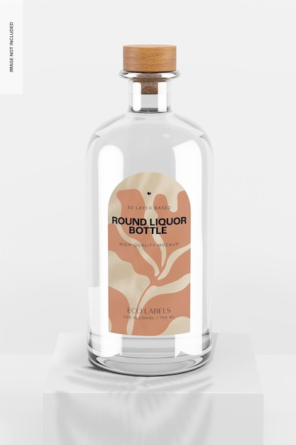 Round Liquor Bottle with Artisan Label Mockup, on Podium