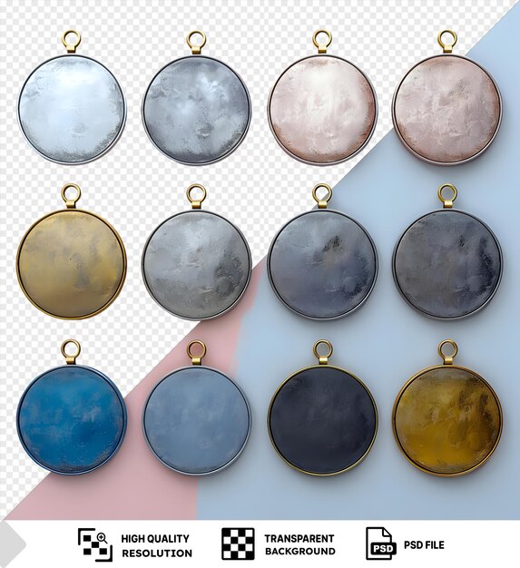 PSD round metal pendants with gold rings isolated on a pink and blue background