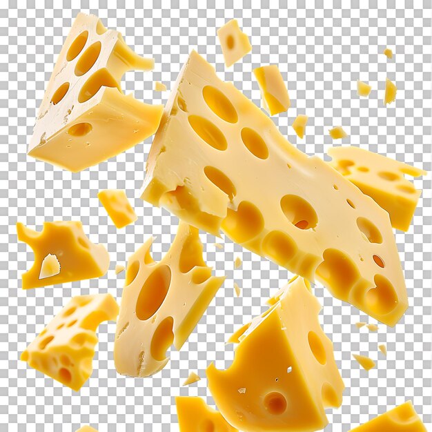 PSD round pieces of cheese fall close up over transparent background ai generated