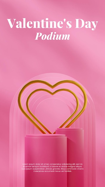 round pink podium in portrait gold heart frame and pink arch rendering 3d scene mockup