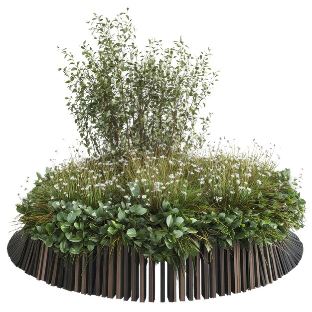 a round planter with a tree growing out of it