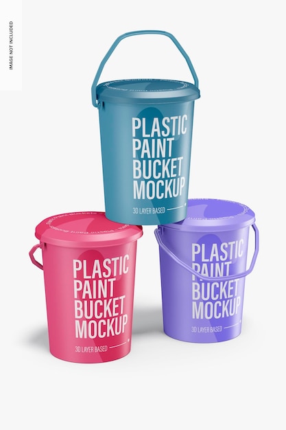 Round Plastic Paint Buckets Mockup, Stacked