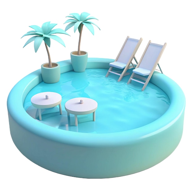 a round pool with chairs and palm trees on the bottom