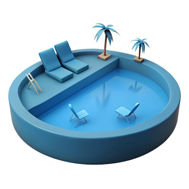 PSD a round pool with a palm tree and a blue table with chairs around it