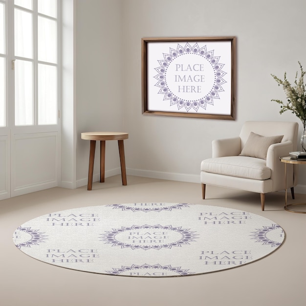 Round rug and framed wall art mockup