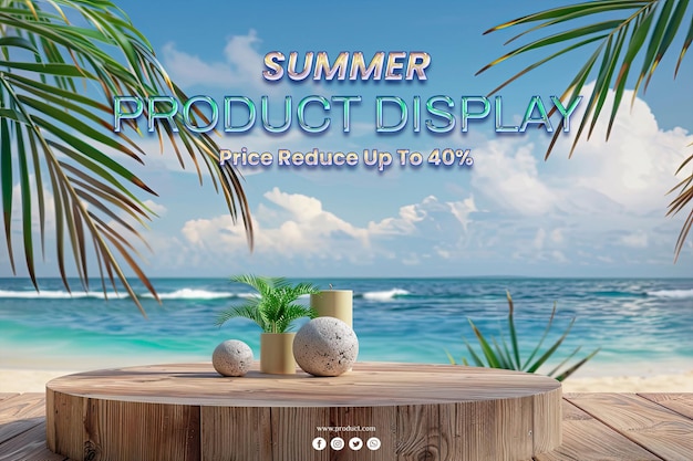 round table product podium on the beach with palm trees and palm trees