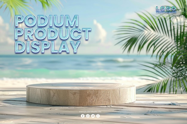 round table product podium on the beach with palm trees and palm trees