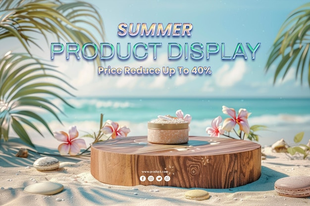 round table product podium on the beach with palm trees and palm trees