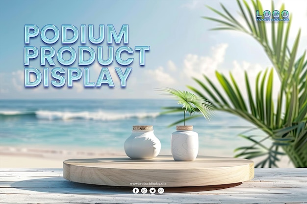 round table product podium on the beach with palm trees and palm trees