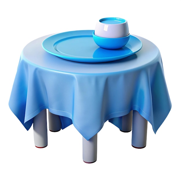 PSD a round table with a blue tablecloth and a plate on it