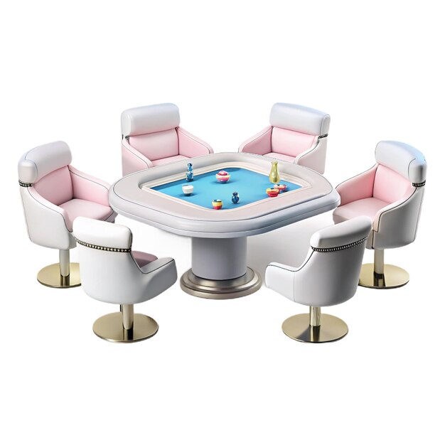 a round table with chairs and a pool table with a table with a pool table in the middle