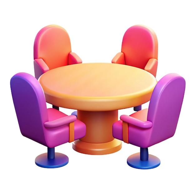 a round table with purple chairs and a round table with purple and blue and purple chairs