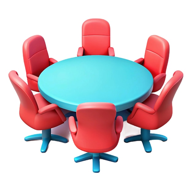 a round table with red chairs around it and a blue table with a blue table underneath it