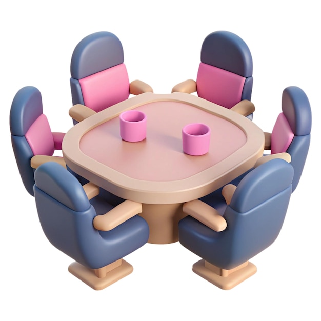 a round table with a round table and chairs with a pink and purple tablecloth