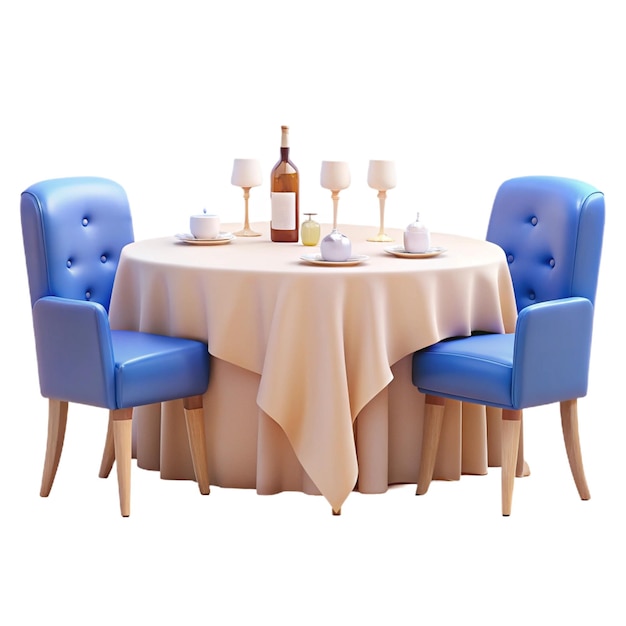 a round table with a table and chairs with a bottle of wine on it