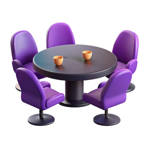 a round table with three chairs and a round table with two cups on it