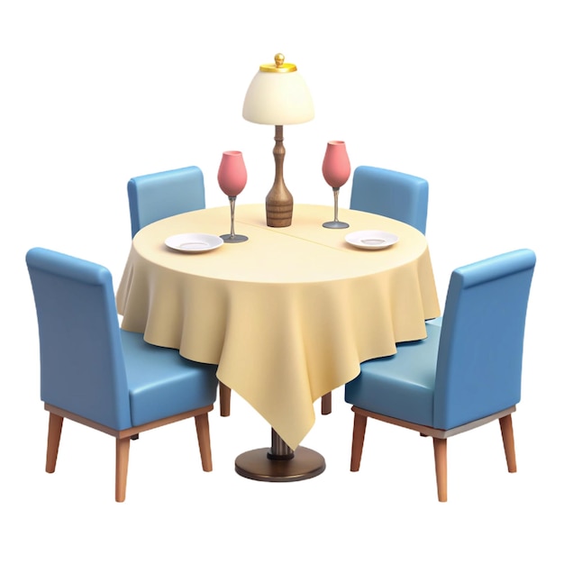 a round table with a yellow tablecloth and a lamp on it