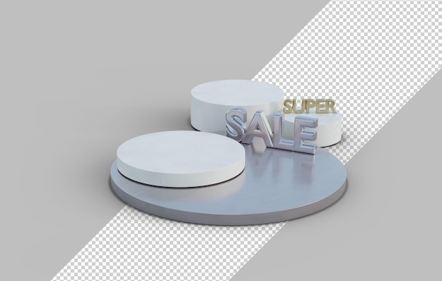 Round white podium with super sale text on empty gray floor background in clean studio scene