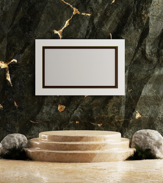 Rounded 3d rendered luxury podium with wall frame mockup design