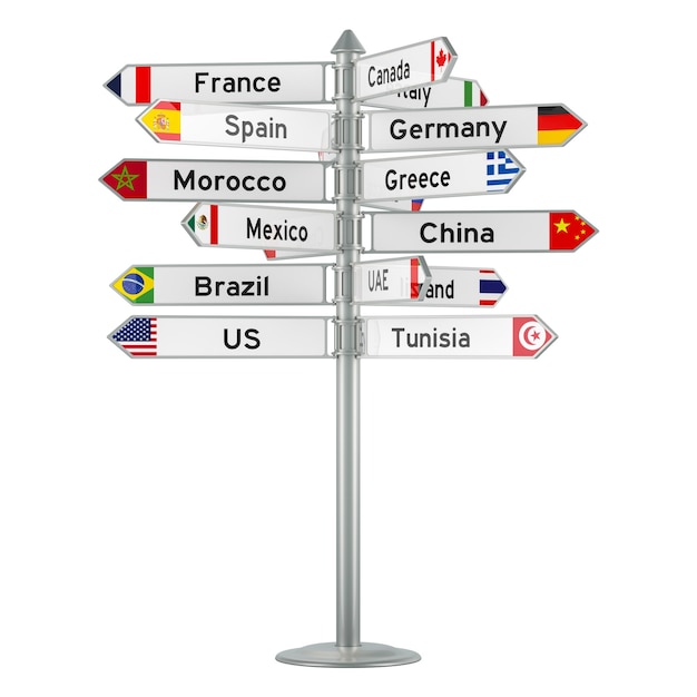 PSD route direction with different countries signpost with names of countries 3d rendering isolated on transparent background