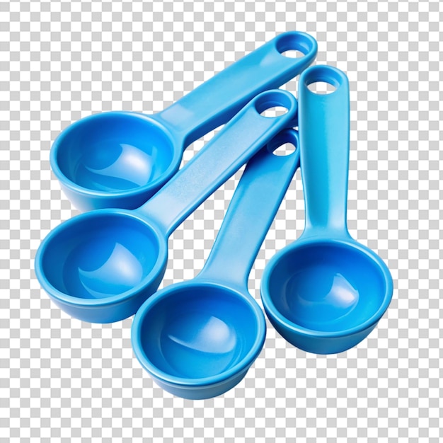 PSD a row of blue measuring cups and spoons on transparent background