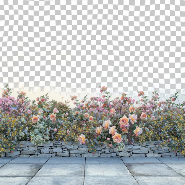 PSD a row of bushes with pink flowers and a white and black diamond pattern