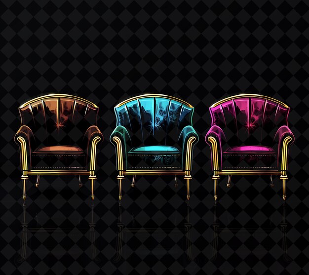 PSD a row of colorful chairs with a gold trim and a green and red couch