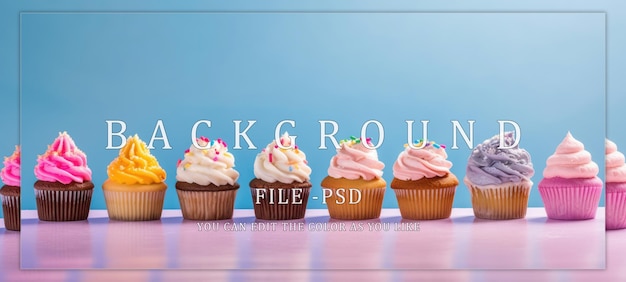 PSD a row of colorful cupcakes on pink and blue background