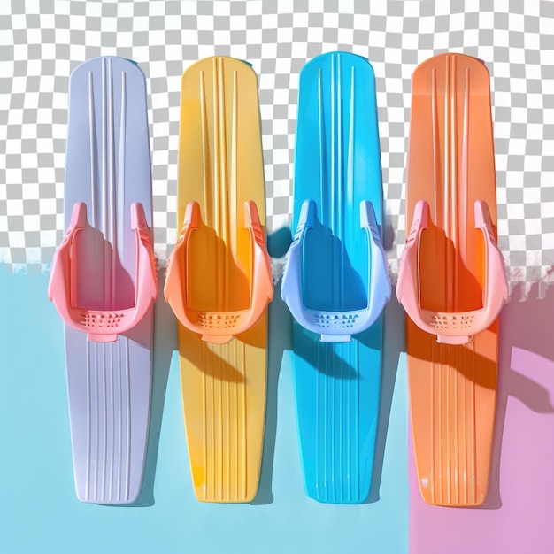 a row of colorful plastic forks are lined up on a blue background