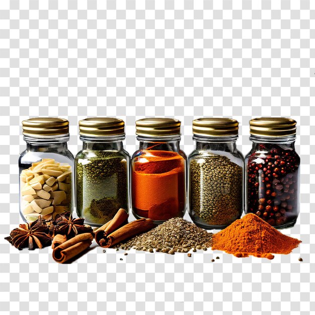 a row of different spices powder in glass jar on transparent background