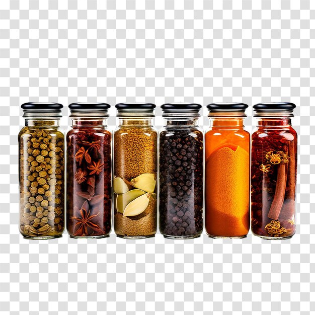 a row of different spices powder in glass jar on transparent background