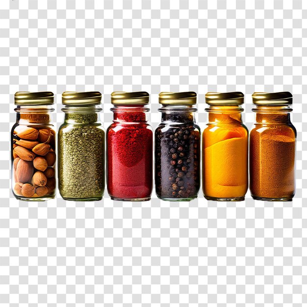 a row of different spices powder in glass jar on transparent background