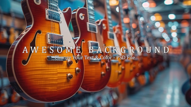 PSD a row of electric guitars hanging in a music shop