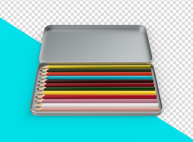 Row of Pencil in rainbow colors in open aluminum box isolated colorful crayons for drawing concept