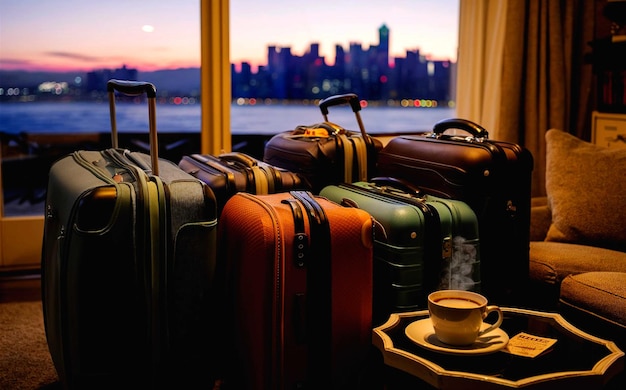 a row of suitcases with a view of the city in the background