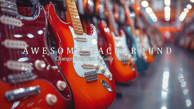 PSD a row of vibrant guitars in a music store